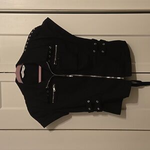 Women's Black Cotton zip up rocker shirt with grommets